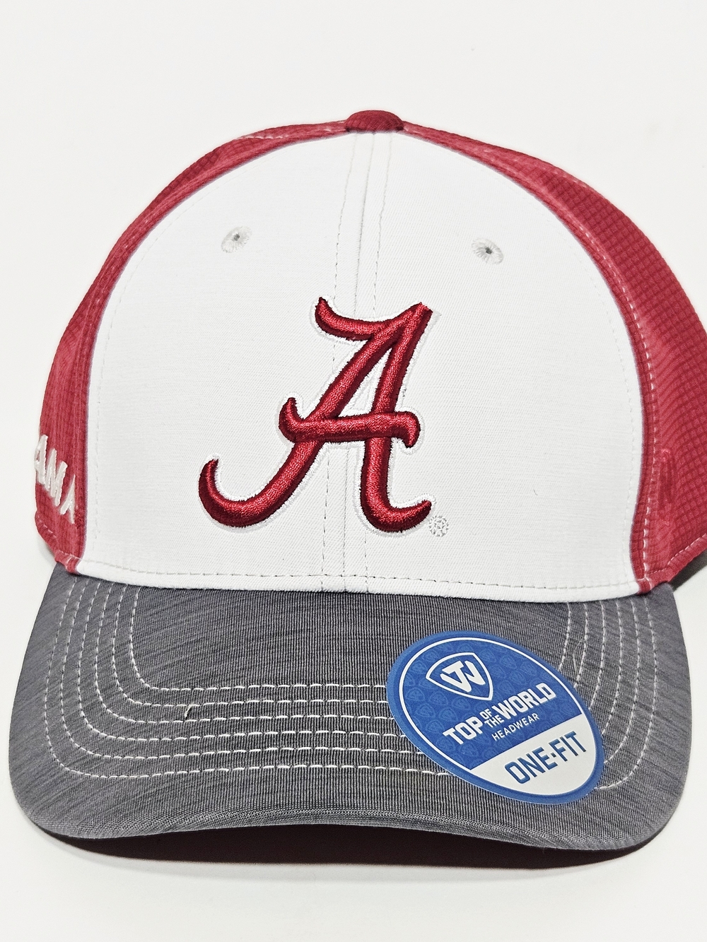NWT Alabama Crimson Tide One-Fit Hat Stretch Cap White Crimson Gray